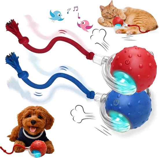 Rode en blauwe bal met touw, speelt met kat, hondje met rode bal, met vogel en muziek.