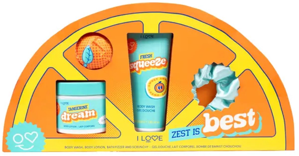 I LOVE Zest Is Best Giftset – Body Wash 100 ml, Body Lotion 150 ml, Bath Fizzer 50 g & Scrunchie