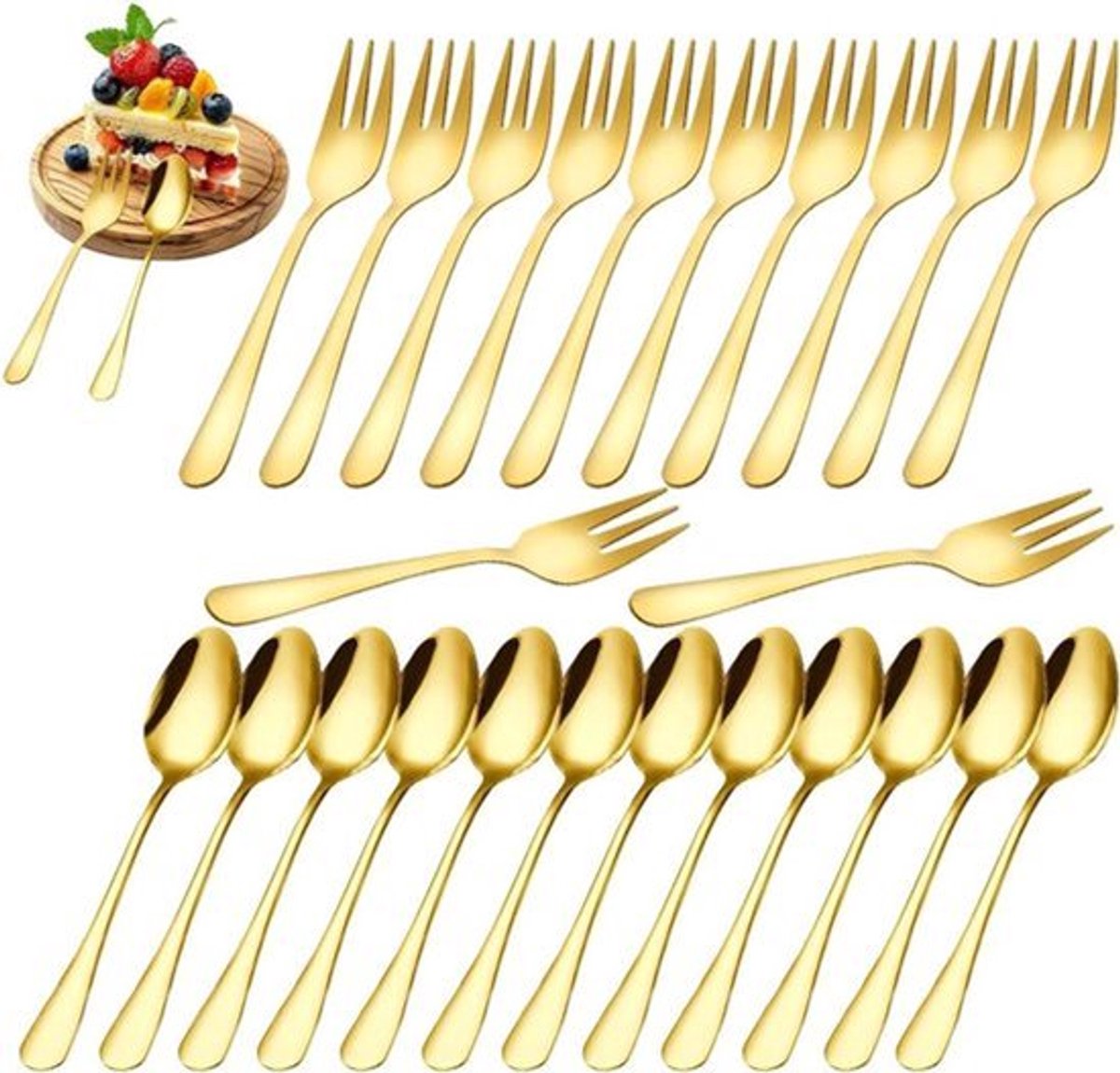 Gouden Taartvorken en Koffielepels Set van 24 - Roestvrij Staal - Vaatwasmachinebestendig