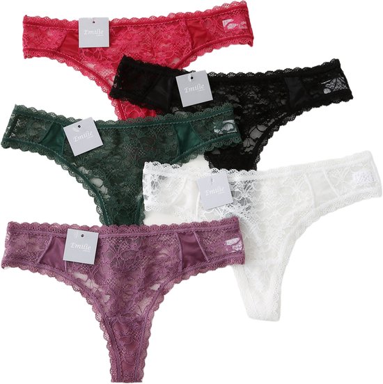 Vijf kanten strings in rood, zwart, donkergroen, wit en paars. De strings hebben kanten details.