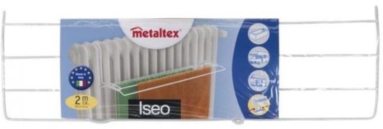 Metaltlex droogrek 'Iseo' met 2 meter drooglengte, wit, met oranje en bruine handdoeken.