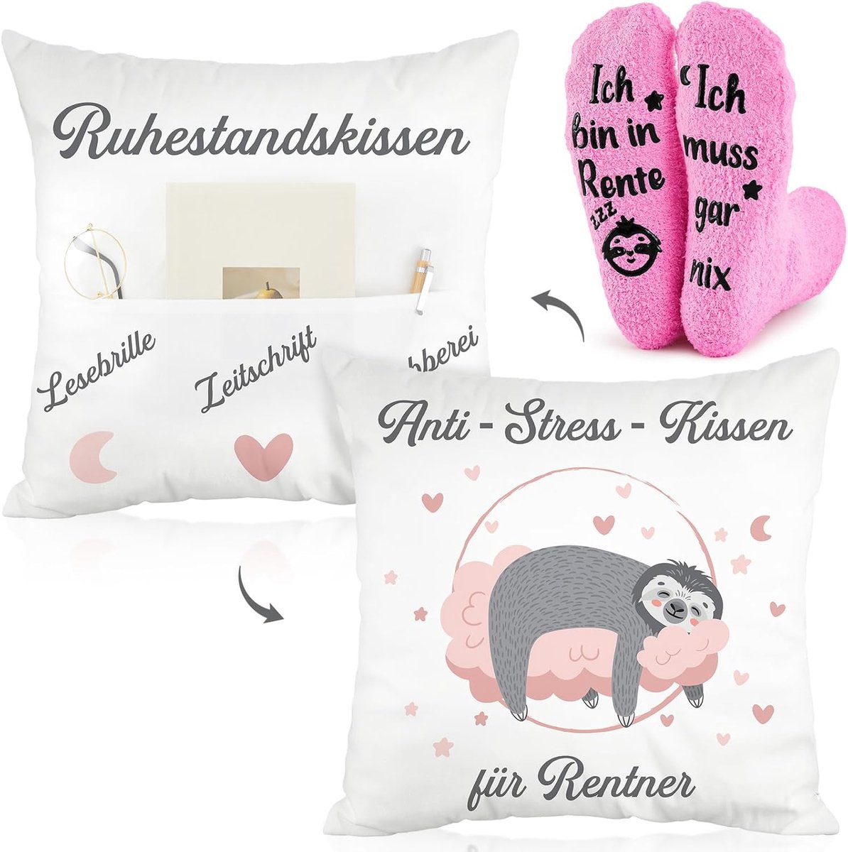 Retirement Gift Set voor Vrouwen - Anti-Stress Kussen voor Gepensioneerden - Decoratieve Kussenhoezen - Afscheidsgift - Gepensioneerd - Humoristische Sokken - Cadeau Idee