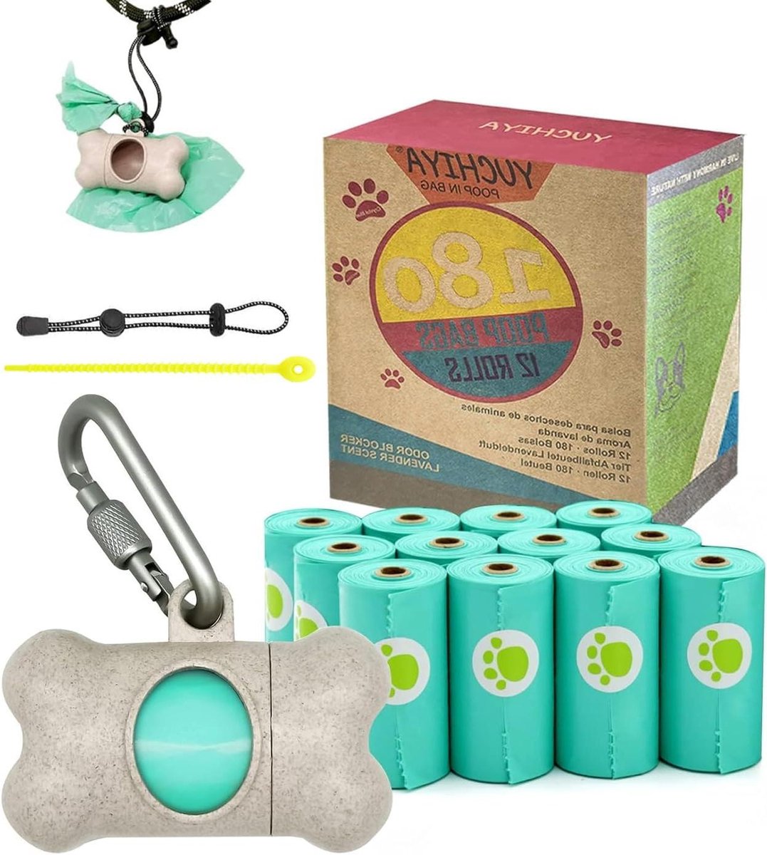 Hondenpoep Pickup Bags Houder Dispenser met Standaardformaat Lekvrije Geurende Doggy Afvalzakken en Karabijnhaak met veiligheidsslot en bevestigingsmiddel, nooit meer los aan de riem (1 houder, 195