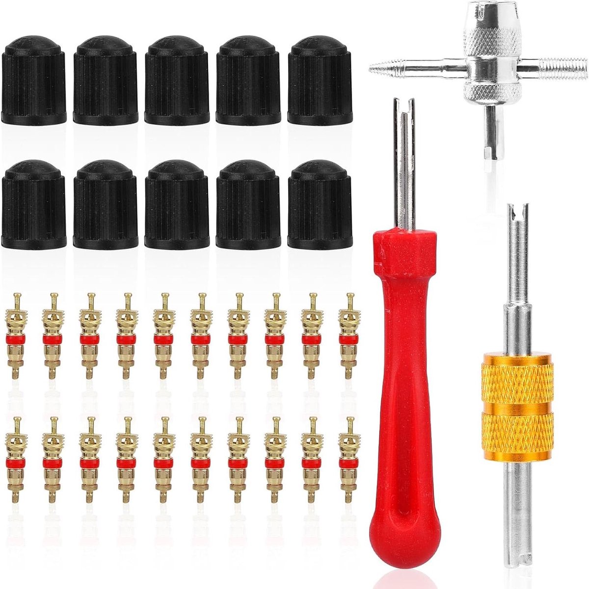 Bandenventiel Gereedschapsset - Ventiel Reparatie Kit - Banden Onderhoud - 4-in-1 Dubbele Enkele Kop - 33 Delig - Zwart
