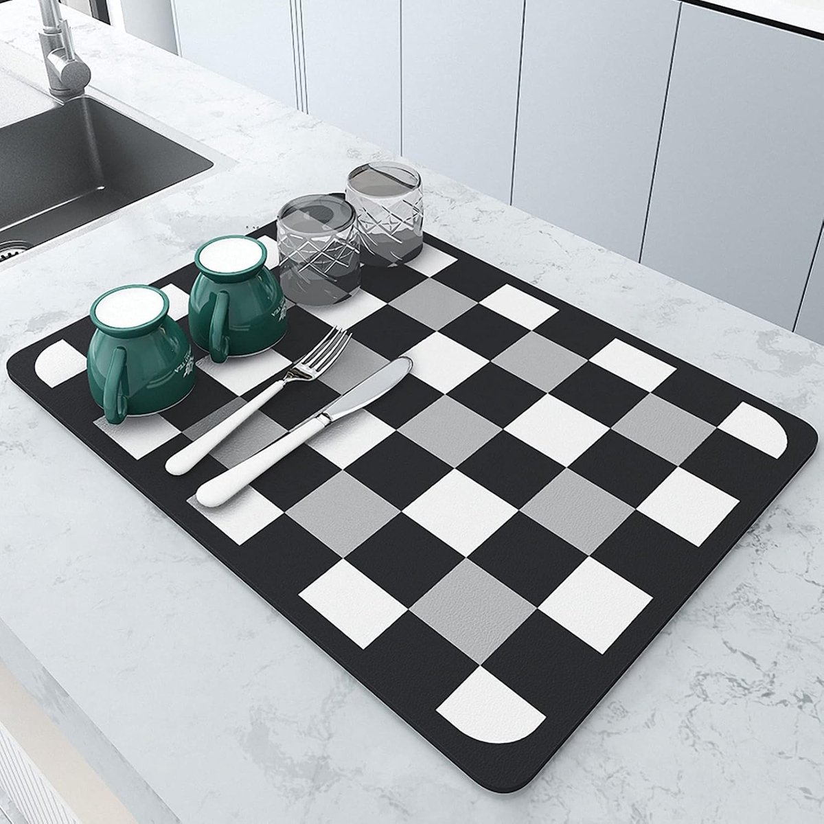 Super Absorbent Drying Mat - Silicon Gae Draining Mat - Non-Slip Countertop Pad - Quick-Drying Dish Rack Mat 30x40cm (Chessboard)