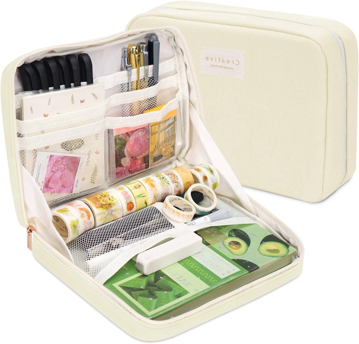 Grote Capaciteit Organizer Etui, Multifunctionele Pennenhouder van Duurzaam Canvas, Geschikt voor Schoolkinderen, Beige en Esthetisch Ontwerp