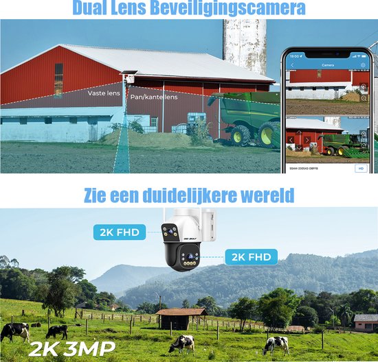 Dubbele lens beveiligingscamera met 2K FHD beeldscherpte, vaste lens en pan/kantel lens.