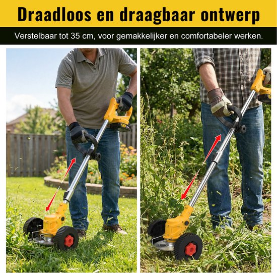 CONENTOOL 5-in-1 Accu Grastrimmer 21V 650W - Draadloze Grasmaaier met Hulpwielen - Incl. 2 Accu's - Geel van Merkloos	 — afbeelding 4