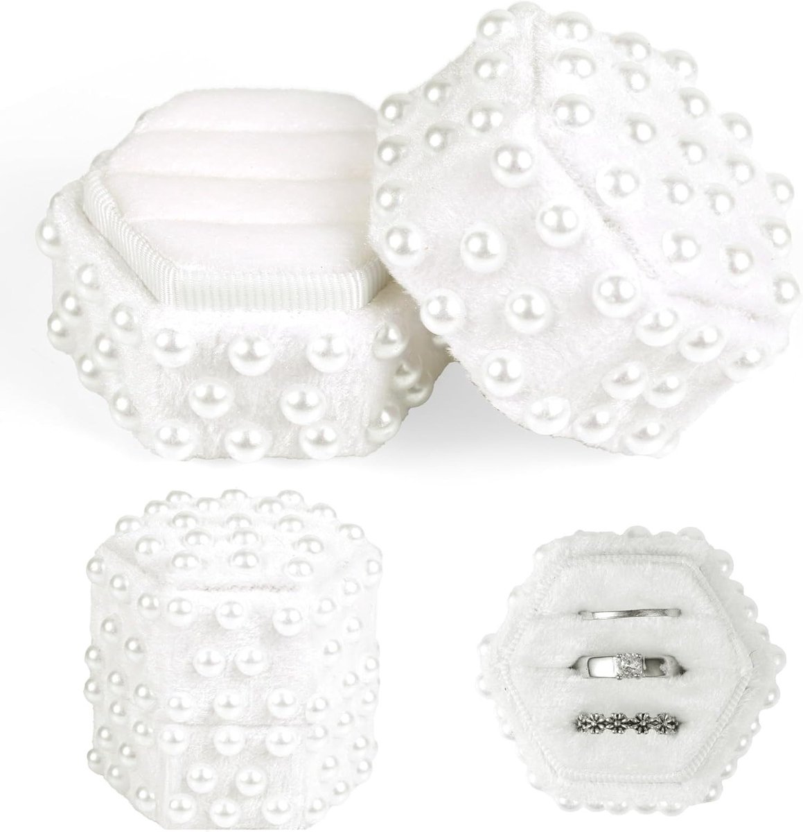 Elegante Ringdoos met 3 Compartimenten, Hexagonaal Huwelijksring Houder voor Verloving, Bruid Fotografie en Ceremonies (Wit)