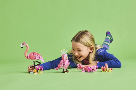 Meisje met roze LEGO flamingo, papegaai en zeepaardje, lachend op een groene ondergrond.