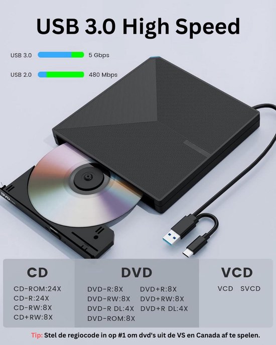 Externe DVD Brander USB 3.0 & USB-C - draagbare CD/DVD speler — afbeelding 4