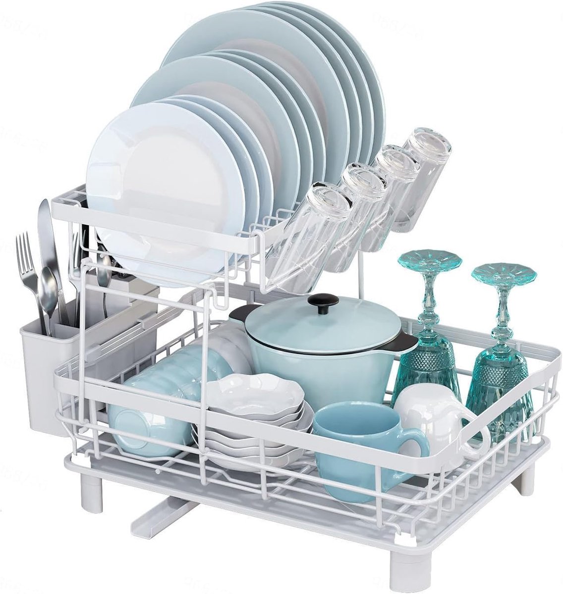 Afdruiprek 2-laags - Afdruiprek Keuken met Lekbak - Serviesrek Zwart - Afwasrek met Bestekhouder, Utensilienhouder en Draaiende Uitloop - Ruimtebesparend Droogrek Servies