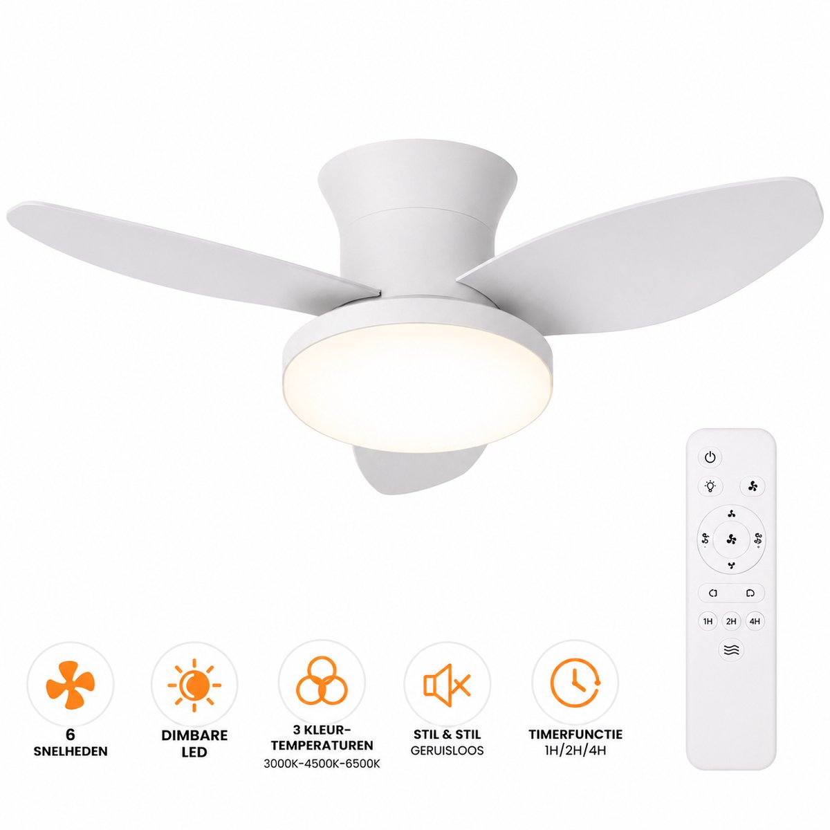 ITRONIQ Plafondventilator Met Verlichting en Afstandsbediening - Dimbare LED - Geruisloos - 6 Snelheden - Remote - 88 CM - Wit