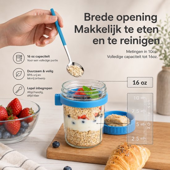 Bocal de flocons d'avoine BOTC Overnight Oats - Bocaux de conservation - Set de 4 avec Cuillères - 4 x 475 ml - Bocaux en Verres avec couvercles - Bocal Mason