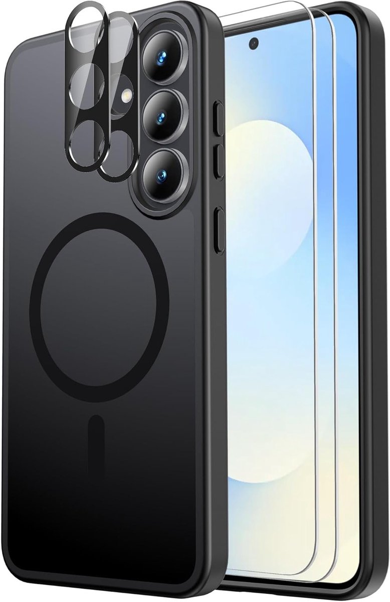 Schokbestendige Hoes voor Samsung Galaxy S25 FE met 2 Glazen Screenprotectors en 2 Camera Lens Beschermers, Transparant en Anti-Vingerafdruk Zwart