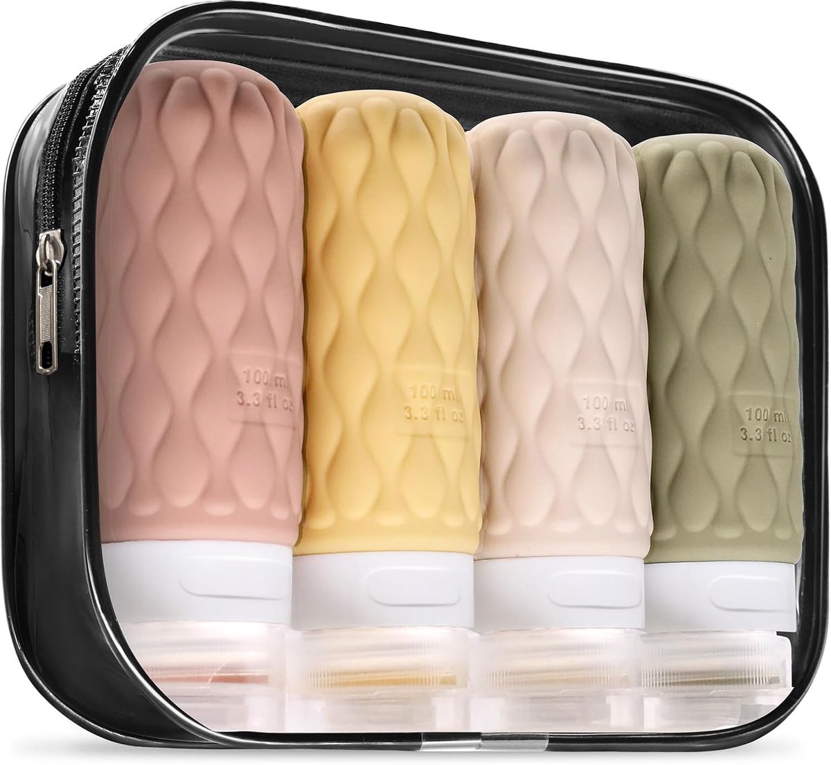 Reisflesjes Set - Navulbare Flesjes - Voor Shampoo en Lotion - Siliconen - Set van 4 - 100ml - Donkerblauw-Lichtblauw-Licht kaki-Beige - van Imperatoris