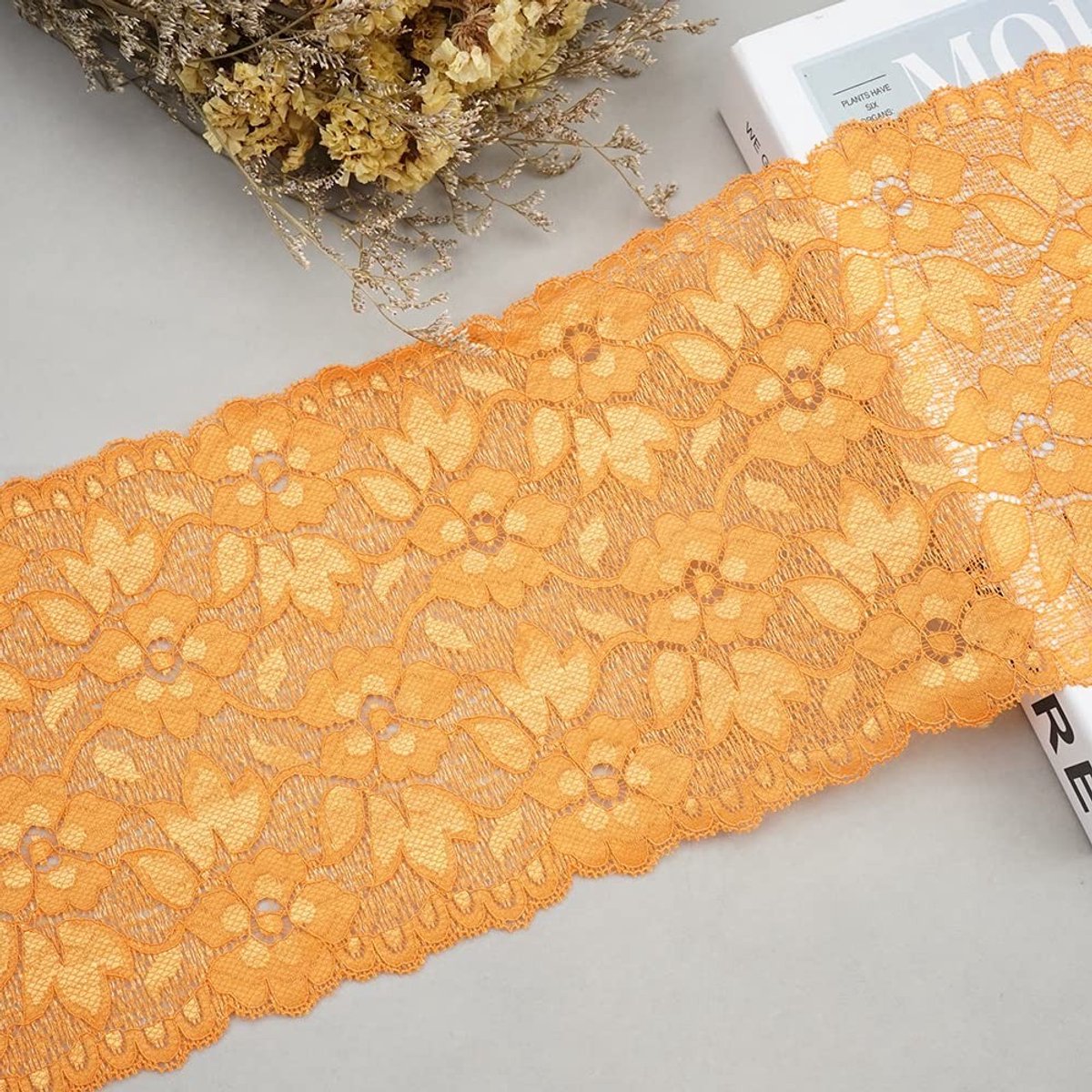 Elastische kantband, kleurrijke bloemen decoratielint voor naaien - oranje, 16 cm