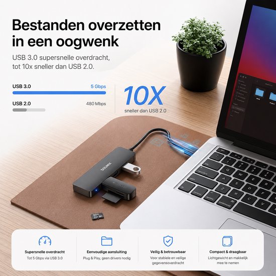 Hub USB 3.0 Sounix noir à 4 ports, connecté à un MacBook avec une carte SD et une clé USB.
