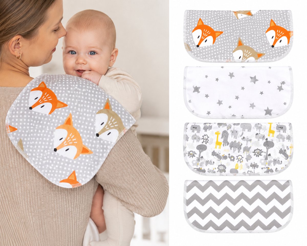 Spuugdoekjes Baby Waterproof – Set van 4 – Lekt Niet Door – Met Zacht Fleece Laagje – Extra Absorberend – Wasbaar – Vosjes, Sterren & Safari Print