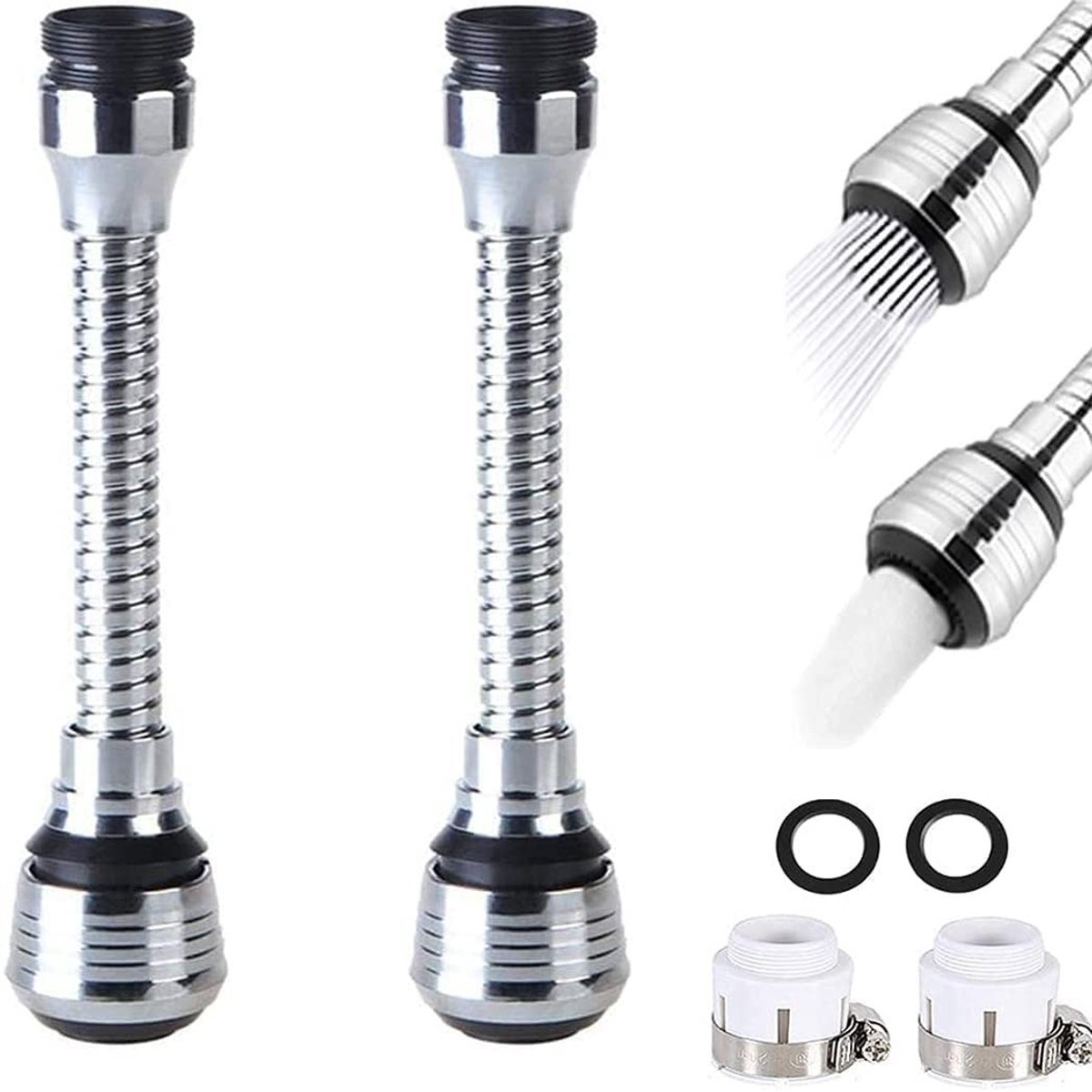 Jhubersproducts - Verstelbare Tap Beluchter - 360 ° Swivel - Ideaal voor Keuken en Badkamer - Zilver - Kraan Spray Head - Inclusief Adapter