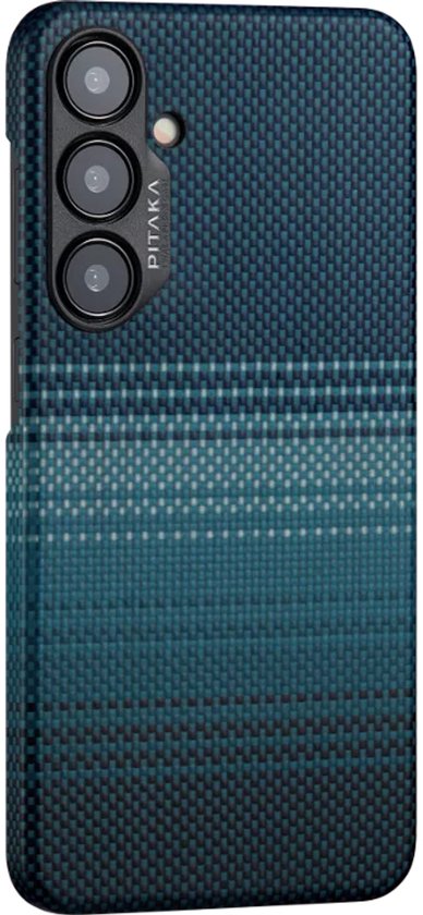 Blauw telefoonhoesje met grafisch patroon, 600D aramidevezel, PITAKA logo.