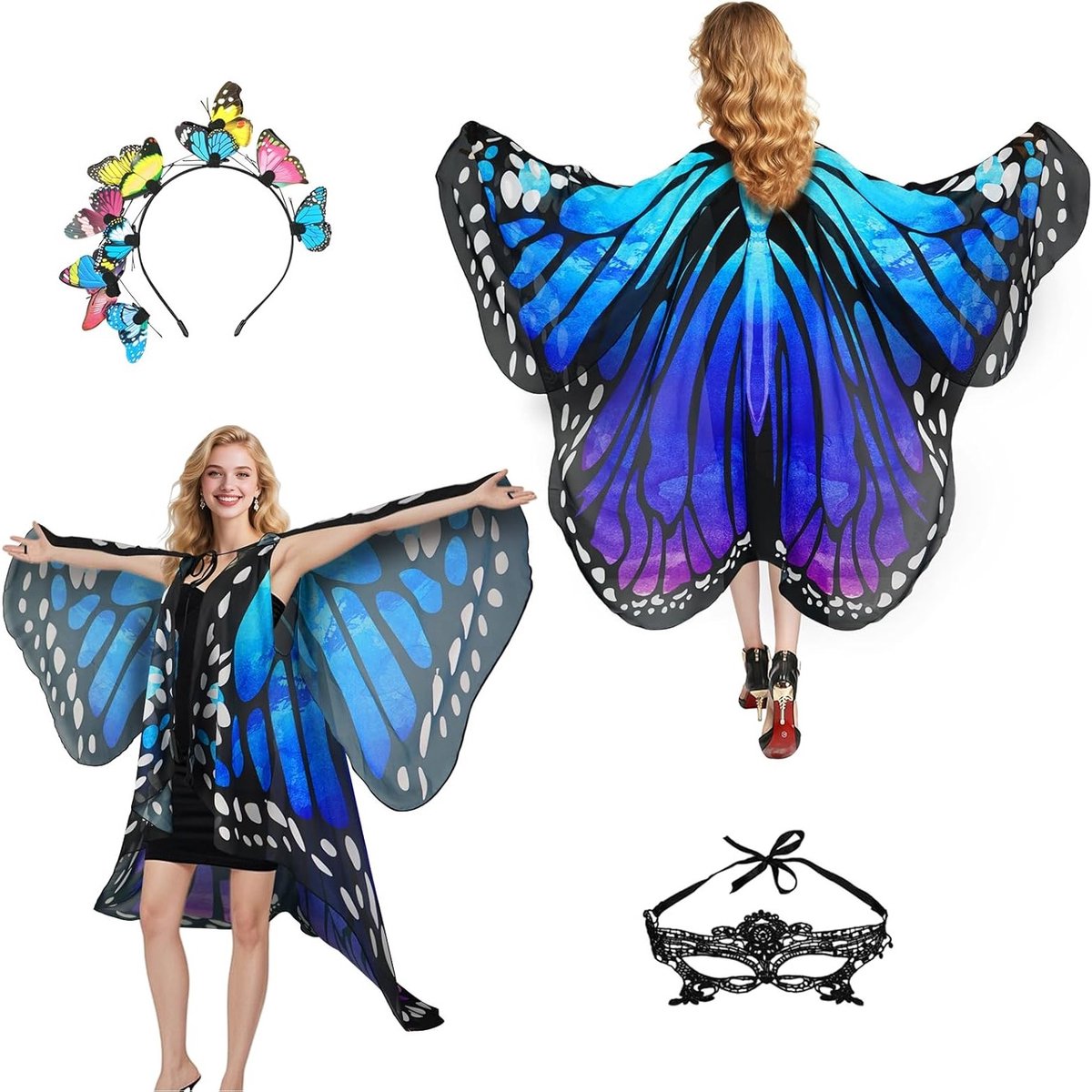 Vrouwelijk Vlinder Kostuum met Vleugels en Accessoires voor Carnaval - 3-delig Set met Gezichtsmasker en Haarband voor Feestjes en Theatrale Optredens