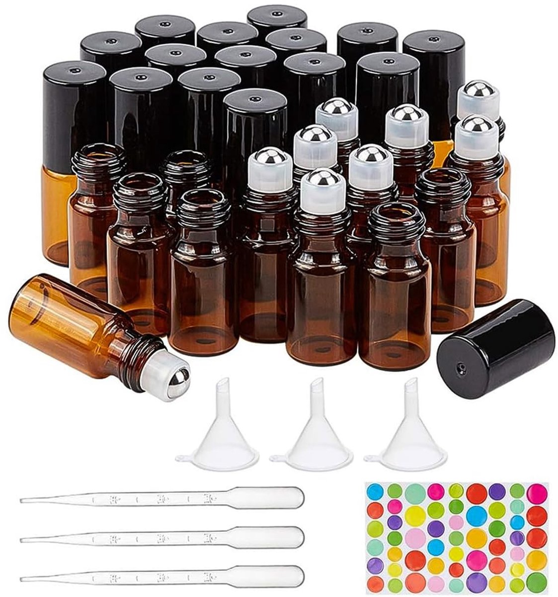 Jhubersproducts - Amberkleurige Flessen - Mini Rolflesjes - Voor Etherische Olie - 30 Stuks - Inclusief Druppelaars en Etiketten - Herbruikbaar