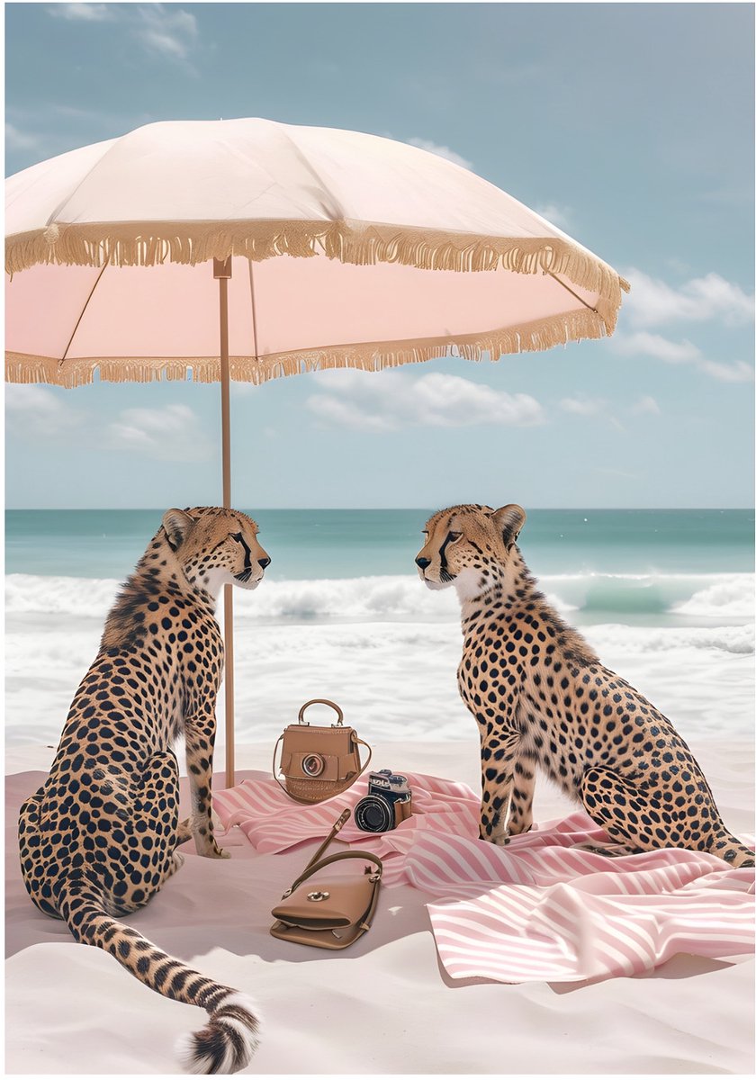 Cheetahs Parasol Strand Picknick - Dibond Wandprint - 70x100 cm - Aluminium Wanddecoratie - Premium Kunstdruk - Surrealistische Dieren Art