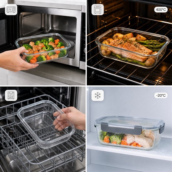 Five Stars® Boîtes de conservation en verre - 12 pièces - Boîtes de préparation de repas - Boîtes de congélation hermétiques - Avec couvercle - 1040 ml & 370 ml