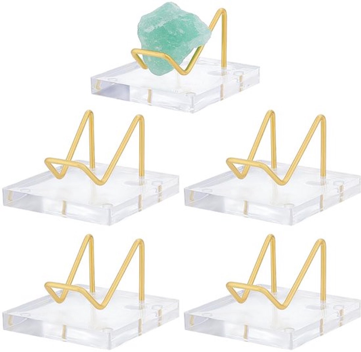 Set van 5 metalen standaards met acryl voet in goudkleur, geschikt voor het tentoonstellen van edelstenen, kristallen en mineralen, afmeting 5,8 x 5,8 x 4 cm