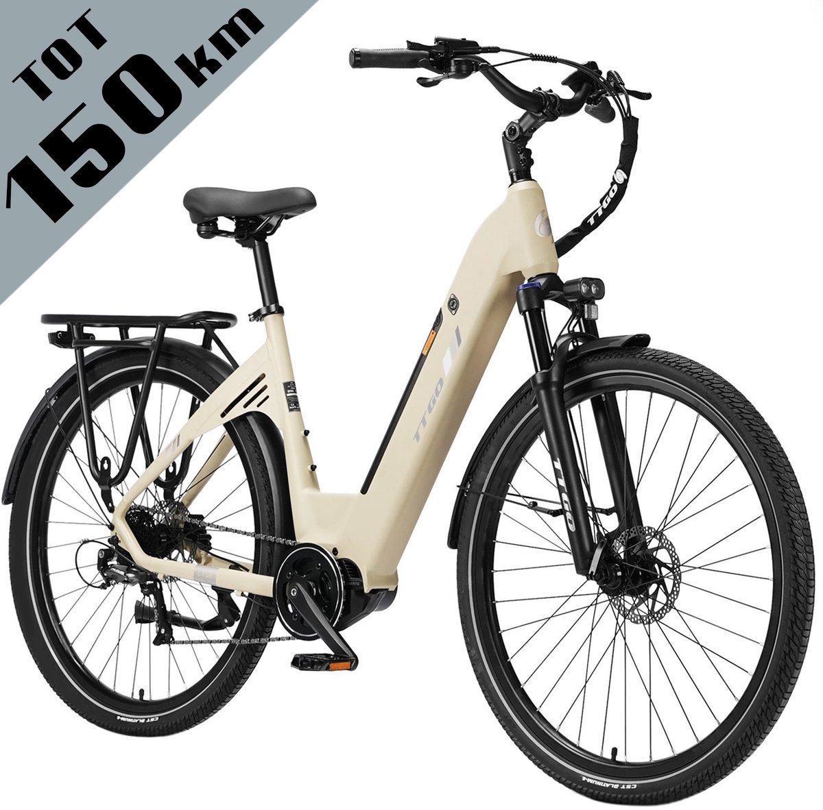 TTGO C7 SE Elektrische Fiets – 648Wh Lithium Accu – Actieradius tot 150 km – 36V 250W Middenmotor – Hydraulische Schijfremmen – 28×2.0 inch Banden – Shimano 9 Versnellingen – Aluminium Frame – LCD Display – Elektrische Stadsfiets– Zandgeel