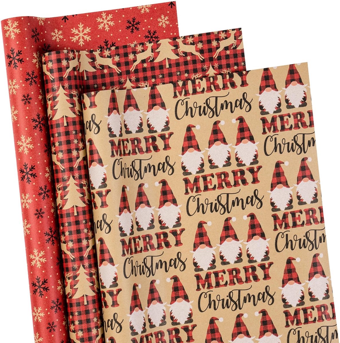 Elzusha - Kerstcadeaupapierrollen - Cadeaupapier voor Kerst - Hoogwaardig kraftpapier - Rood en geruit - Kerstman en rendier - Geschikt voor elke g...