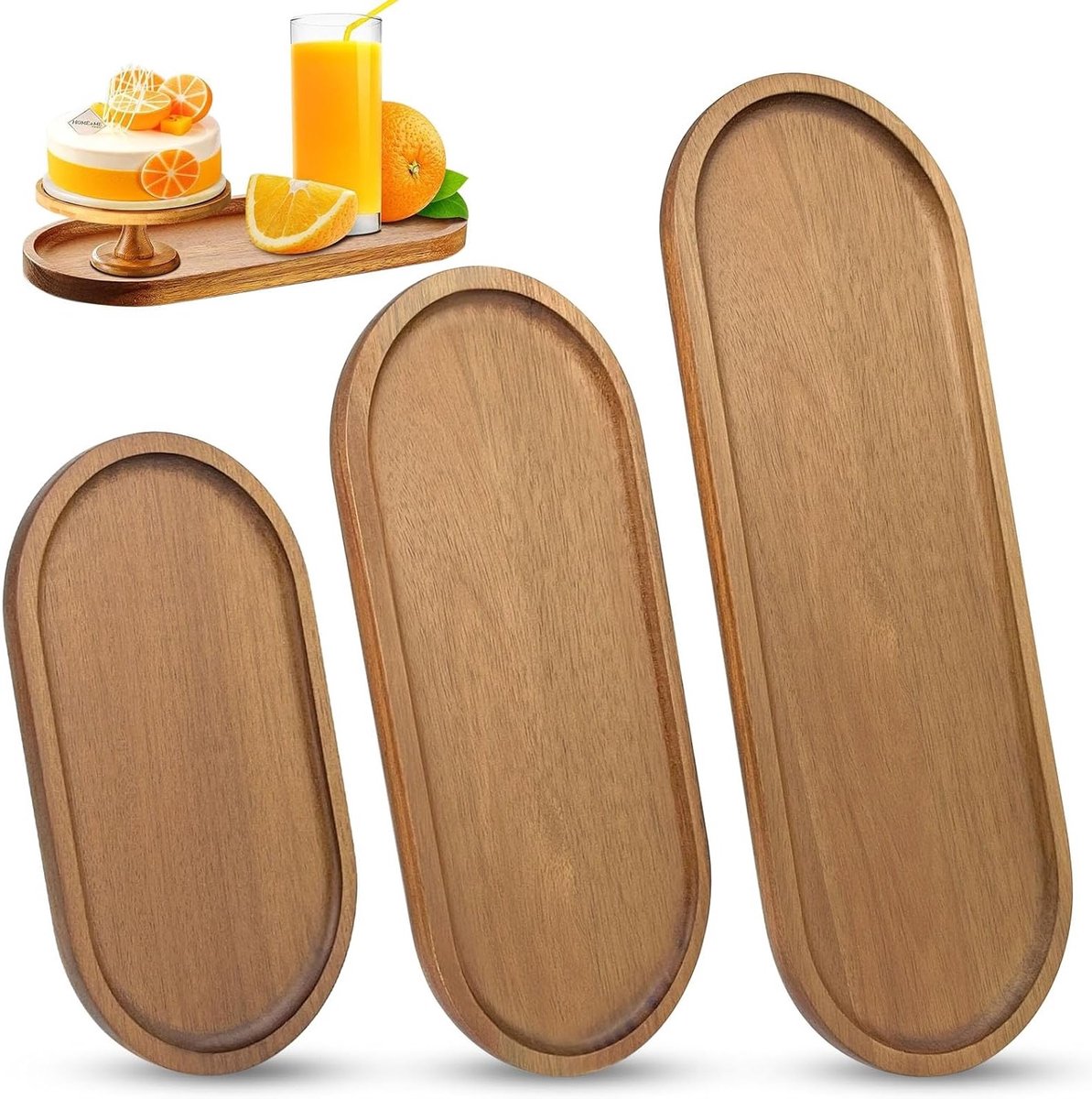 Set van 3 Ovale Houten Dienbladen voor Desserts, Snacks en Decoratie in Huis en Horeca
