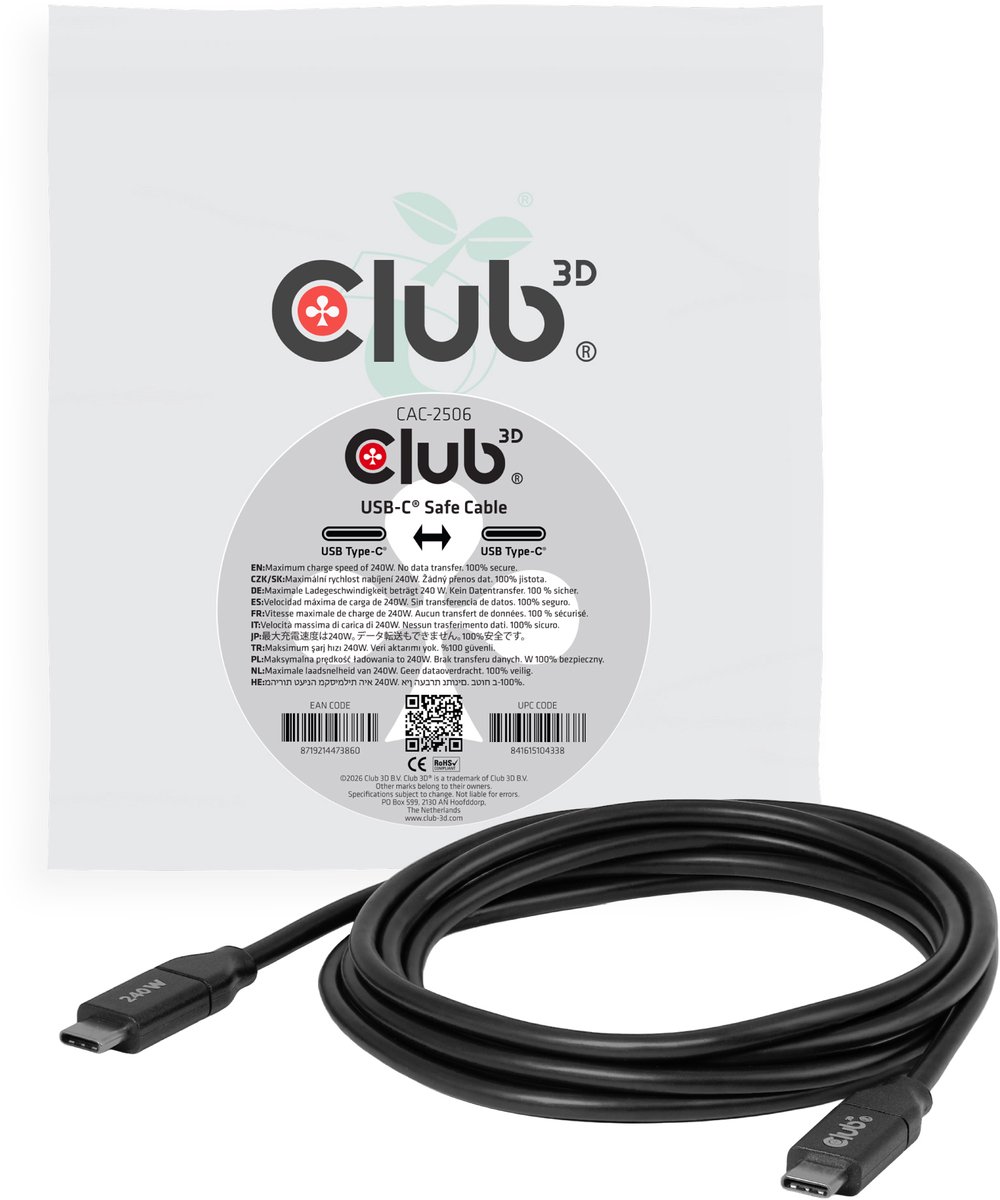 CLUB3D USB-C® veilige kabel 240W zonder dataoverdracht 2m/6,56ft