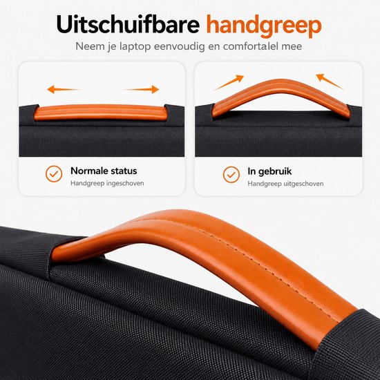 Poignée orange rétractable de la housse d'ordinateur portable noire en état normal et en cours d'utilisation.