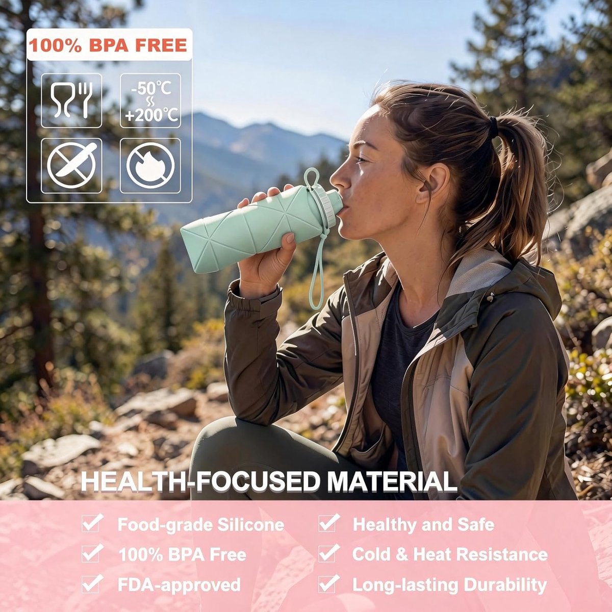 Opvouwbare waterfles - 600 ml siliconen - Zonder BPA - Lekvrij ontwerp - Draagbare travel fles - Lichtgewicht slanke - Met karabijnhaak - Voor wandelen en gym - Groen — cadeau in Sport & Outdoor - foto 3
