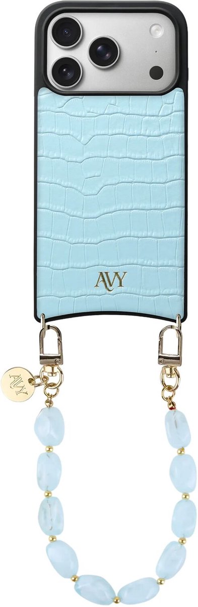 AVY Leren Hoesje Geschikt voor Apple iPhone 17 Pro | Compatibel met MagSafe | Leather Case met Telefoonkoord | Polsband | Croco Blauw | Rocher Blue