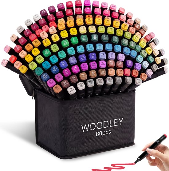 Woodley Dubbelzijdige Stiften - 80 kleuren - Voor volwassen en kinderen - Markeerstiften - Dubbelzijdige stiften - Twinmarkers voor Happy Stones - Alcohol markers