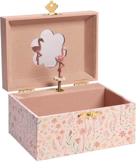 Muziekdoosje met koraalroze fluweel bekleed, met bloemen- en flamingo print. Binnenin draait een flamingo op een wolkje.