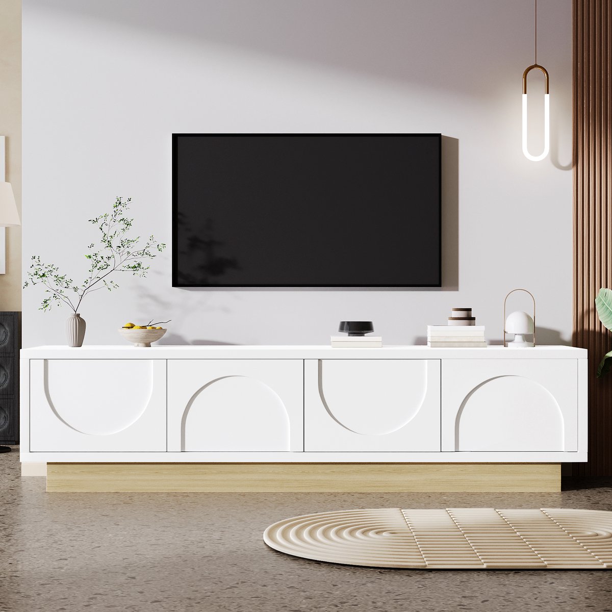 MODFU TV-Meubel - Greeploos Met Kabeldoorvoer - Minimalistisch - Voor Woonkamer - MDF - Wit Met Houtlook - 175 X 40 X 41,5 Cm