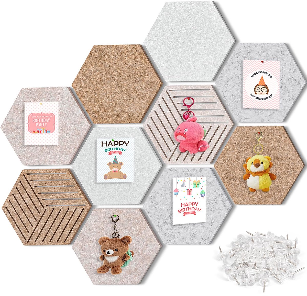 10 stuks zeshoekige vilten prikbordtegels - Groot, dik prikbord voor aan de muur - met 30 punaises - Doe-het-zelf kurkbord voor kantoor, thuis en schooldecoratie