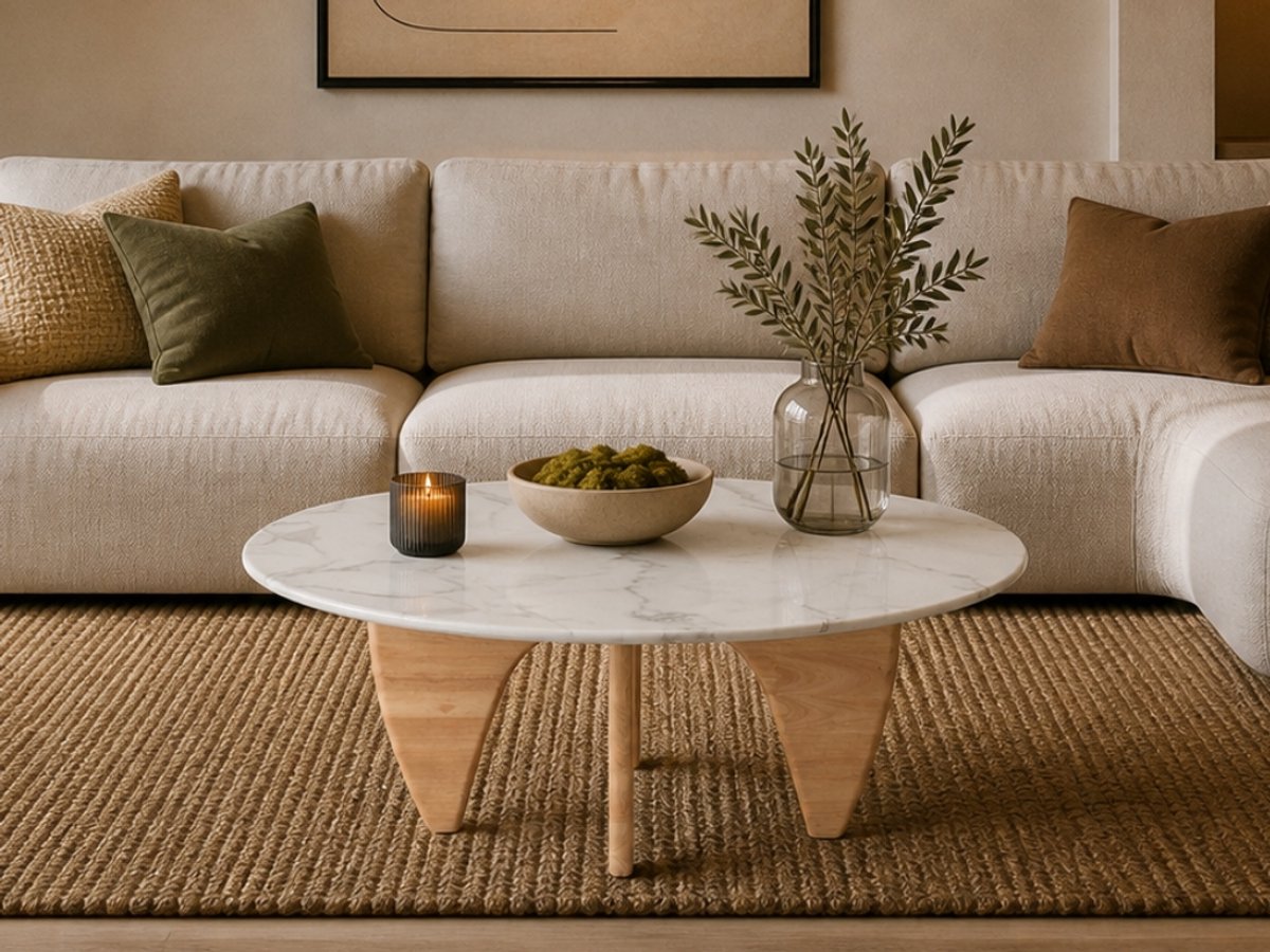 Salontafel - Eiken Hout - Rond Marmer - Coffee Table - Tafel