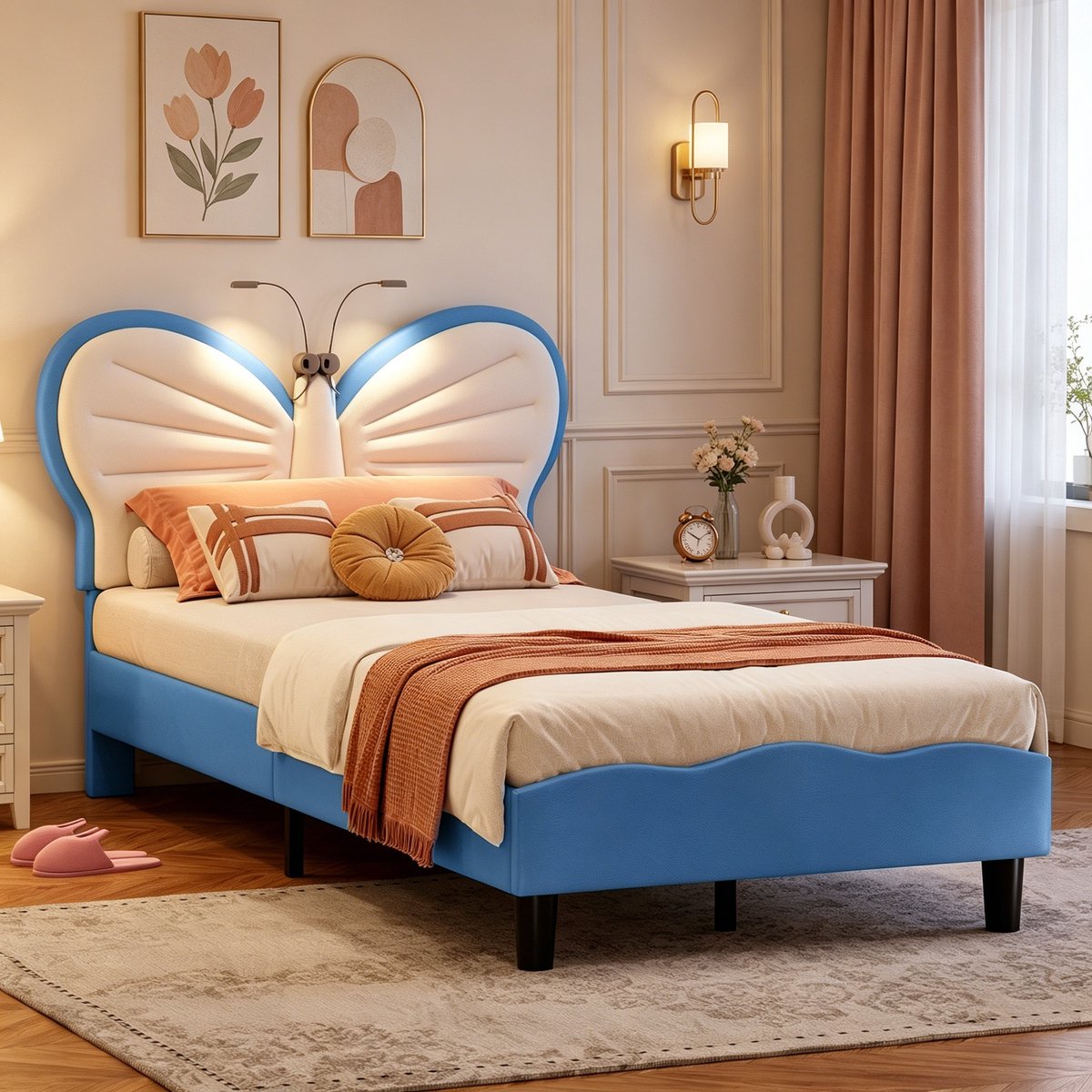 Eenpersoonsbed 90x190 cm, kinderbed met vlindervormig hoofdeinde, gestoffeerd bed met lees