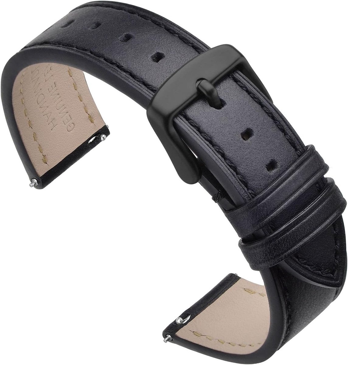 Leren Horlogeband 17 mm tot 22 mm, Snelle Bevestiging, Vervangende Armband met RVS Sluiting, Zwart met Zwarte Gesp, Stijlvol en Duurzaam