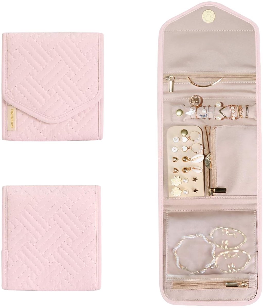 Reis Sieraden Organizer - Vouwbare Juweelrol voor Oorbellen, Kettingen, Armbanden en Horloges - Roze