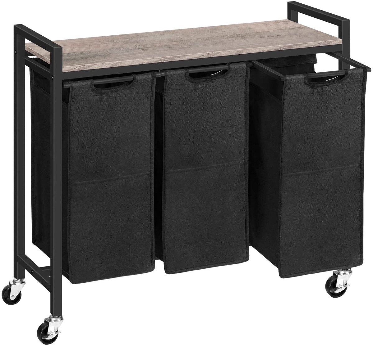 Dailygoods - Wasmand - Wassorteerbak - Met Plank - Greige-Zwart - Waswagen - 3 Vakken - Geschikt voor Binnenshuis - 39,8 Liter