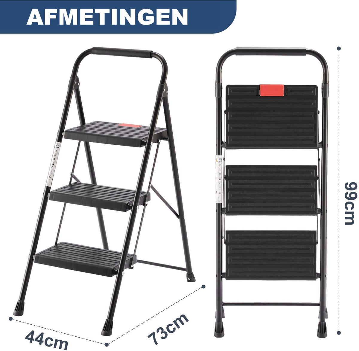 Opvouwbare Huishoudladder 3 Treden – Antislip Metalen Trapladder met Stevige Structuur – Compact en Draagbaar – foto 6