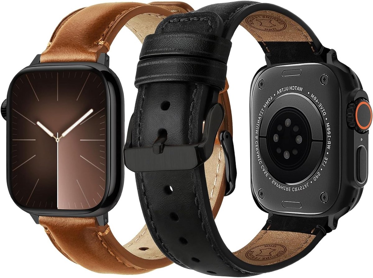 Set van 2 Echte Leren Armbanden voor Apple Watch Ultra 3-2-1 - Vervangende Strap voor iWatch SE3-2 Series 11 10 9 8 7 6 5 4 3 2 - Comfortabel, Duurzaam en Stijlvol