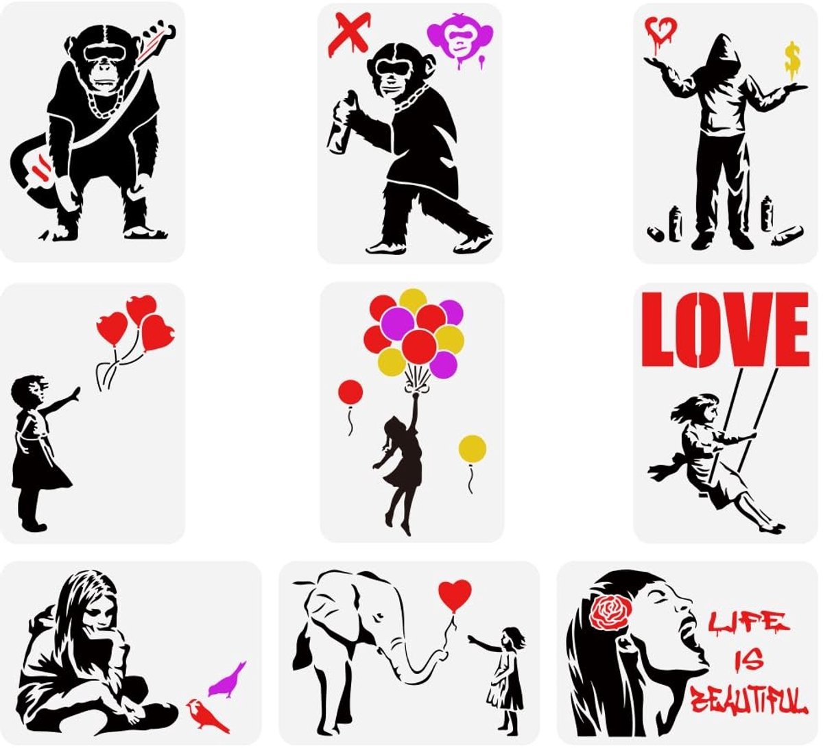 Dailygoods - Banksy schildersjabloon - Herbruikbaar - 9-delige set - 21x29,7cm - Creatieve decoratiesjablonen - Geschikt voor schilderen op hout en mu