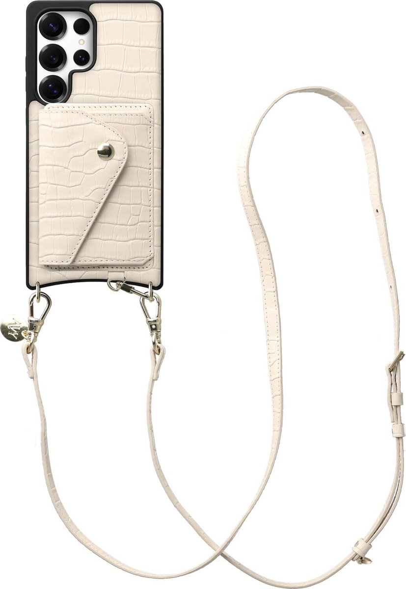 AVY Leren Hoesje geschikt voor Samsung Galaxy S25 Ultra | Met Koord en Kaarthouder | Compatibel met MagSafe | Leather Case met Crossbody Koord & Wallet | Long Leather | Croco Beige
